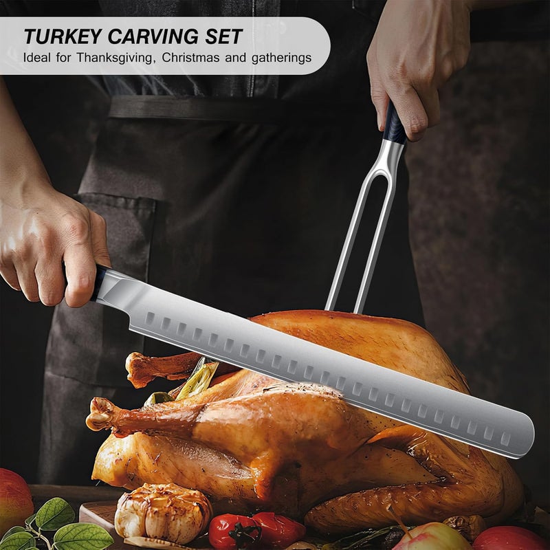FINTISO BBQ Carving Knife Set, Brisket Slicing Knife and Fork Set, Japanese High Carbon Steel Slicing Knives with G10 Handle, Full Tang Ultra Sharp Meat Cleaver - Image 3